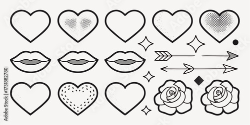 Trendy tattoo flash sheet with hearts, lips, arrows and roses for edgy, romantic designs, perfect for stickers, apparel, and custom art projects
