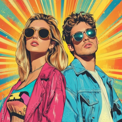 Pop art retro style pretty blonde young woman wearing headphones and sunglasses on vibrant colorful background. Created with, Generative AI