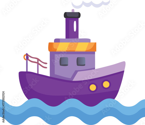 A purple boat drifts serenely in the ocean, contrasting with the deep blue water and clear skies.