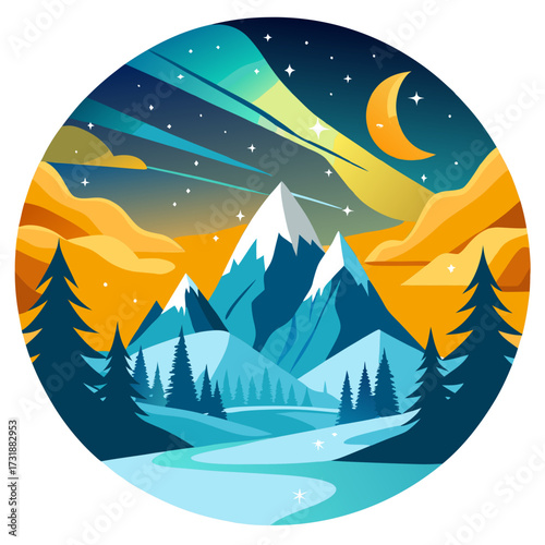 Vector illustration of stylized illustration of a winter mountain landscape under the aurora borealis with a crescent moon in the night sky, featuring snowcapped peaks, pine trees, and a winding river