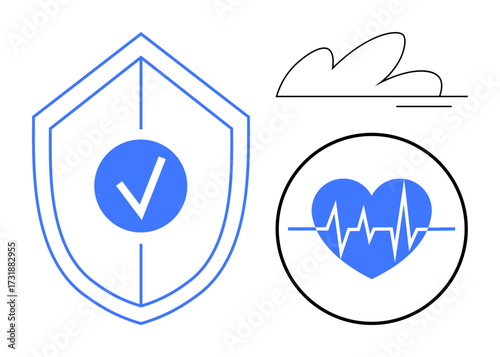 Shield with checkmark symbolizes security, paired with a heartbeat inside a heart for healthcare, framed by a cloud accent. Ideal for healthcare, insurance, wellness, safety, protection, medical