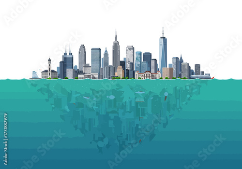 New York City Skyline Submerged in Water Climate Change Concept.