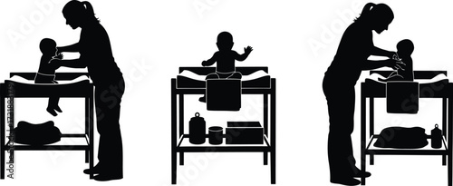 Silhouette of a mother changing her babys diaper a changing table, three different views of the scene