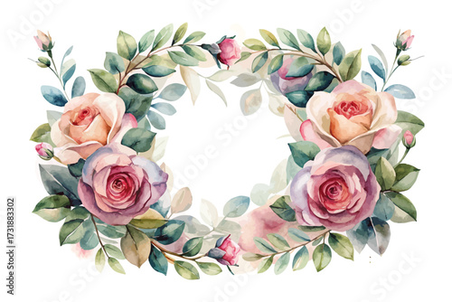 Watercolor Floral Wreath with Roses and Eucalyptus Leaves vector illustration