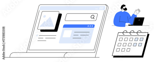 Open laptop displaying search bar, images, and content tabs, person using laptop, and calendar. Ideal for productivity, scheduling, remote work, project management collaboration planning business