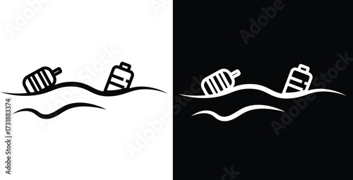 Illustration of two plastic bottles floating in water, one in black and white, the other inverted.