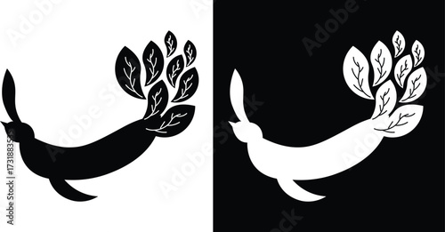 Monochrome image of a seal with leaves sprouting from its tail, presented in contrasting black and white.
