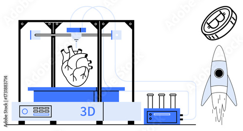 3D printer producing a human heart with futuristic symbols thumbs up a flying rocket, Bitcoin coin, and lab beakers. Ideal for technology, innovation, future trends, biotechnology, medicine, finance