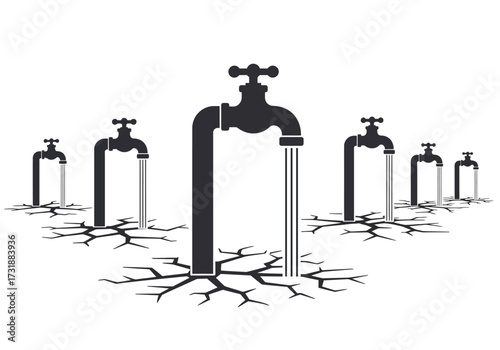 Water Crisis Faucets and Cracked Earth Illustration.