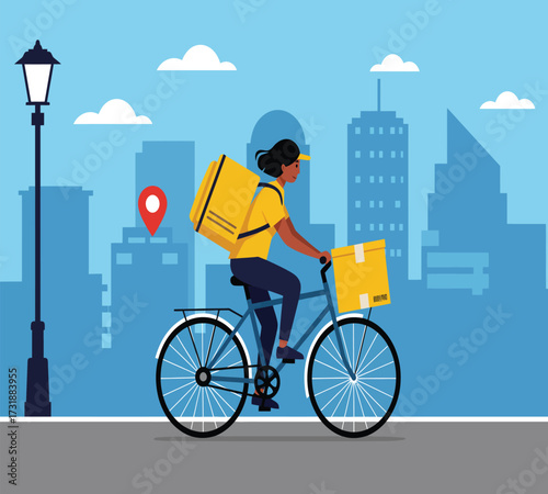 Flat vector design of bicycle courier delivering e-commerce package, bold colors, simple shapes, urban background
