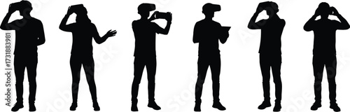 Silhouettes of people wearing virtual reality headsets, experiencing immersive digital worlds