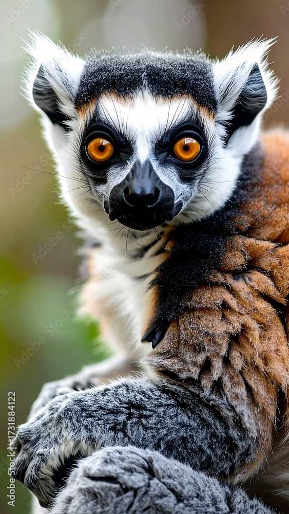 Fototapeta premium Close-up of a lemur, with striking facial features and fur patterns
