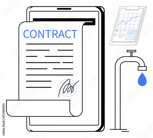 Mobile device displaying a signed contract alongside a water tap with a drop and analytics clipboard. Ideal for business, digital transformation, sustainability, eco-impact, agreements, technology