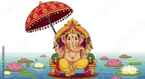 Hindu god ganesha under umbrella on water lily pond