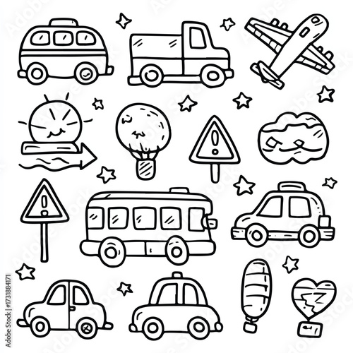 Whimsical Transportation and Travel Doodle Collection in Black and White Sketch Style Illustration