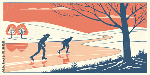Vector poster of people ice skating on a frozen lake at sunset. Include reflections in ice, snow-covered banks, warm orange and pink sky, distant snowy hills, subtle motion blur on skaters, clean comp