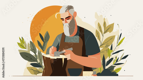 Mature person carving wooden stump