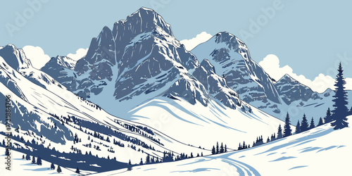 Vector illustration of towering snow-covered mountains bathed in soft morning light. Include subtle clouds around peaks, icy textures on slopes, minimal trees, crisp clear sky, dramatic yet clean comp