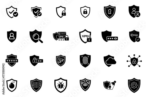 Cyber security shield icons set in black isolated style for digital protection