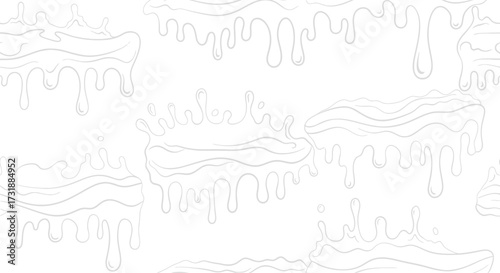 Minimalist seamless pattern of light gray liquid splashes and dripping fluid on a white background.