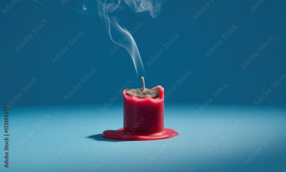 Obraz premium A burnt-out red candle emits wisps of smoke against a vibrant teal backdrop