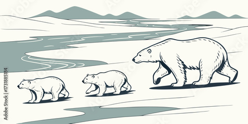 Vector poster of a family of polar bears walking across icy terrain. Include frozen water, icebergs in the distance, subtle shadows, soft winter sunlight, minimal background clutter, realistic yet sty