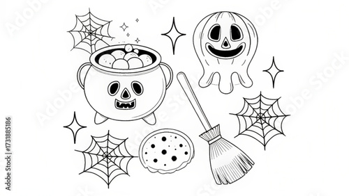 Halloween themed line art featuring a cauldron ghost spiderwebs broom and a cookie for coloring pages