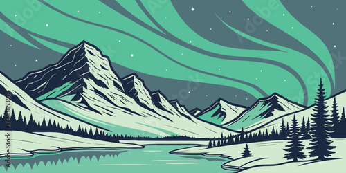 Vector illustration of vibrant northern lights dancing over snow-covered mountains. Include starry sky, icy slopes, reflections on frozen lakes, subtle gradient colors, minimal foreground elements to 
