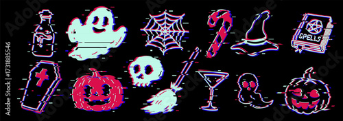Halloween glitch icons set. Spooky ghost, pumpkin, skull, spiderweb, witch hat, broom, coffin, potion, spell book. Retro trippy horror style. Creepy distorted digital effect illustration.