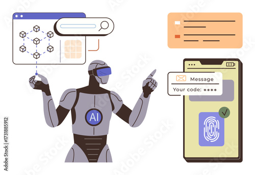 AI robot interacts with blockchain network, smartphone featuring fingerprint scanning, and security message. Ideal for technology, innovation, data security, AI, blockchain, automation future