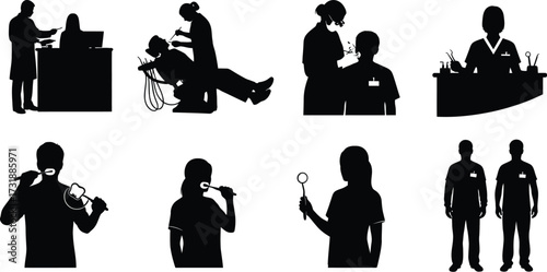 Dental professional silhouettes, depicting dentists and assistants performing various procedures and tasks in a clinic