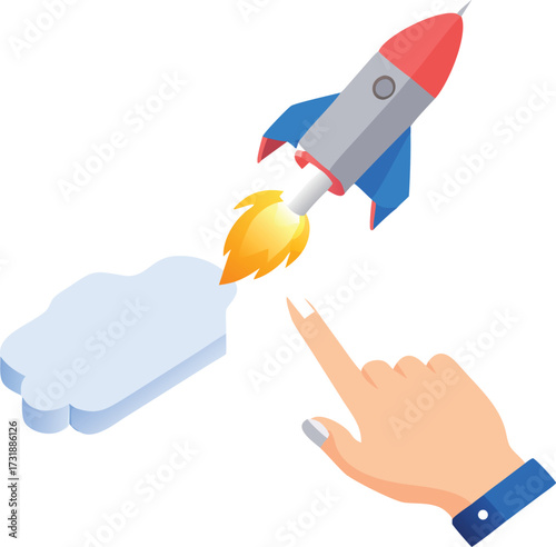 A hand points towards a rocket launching from a fluffy cloud against a blue sky.