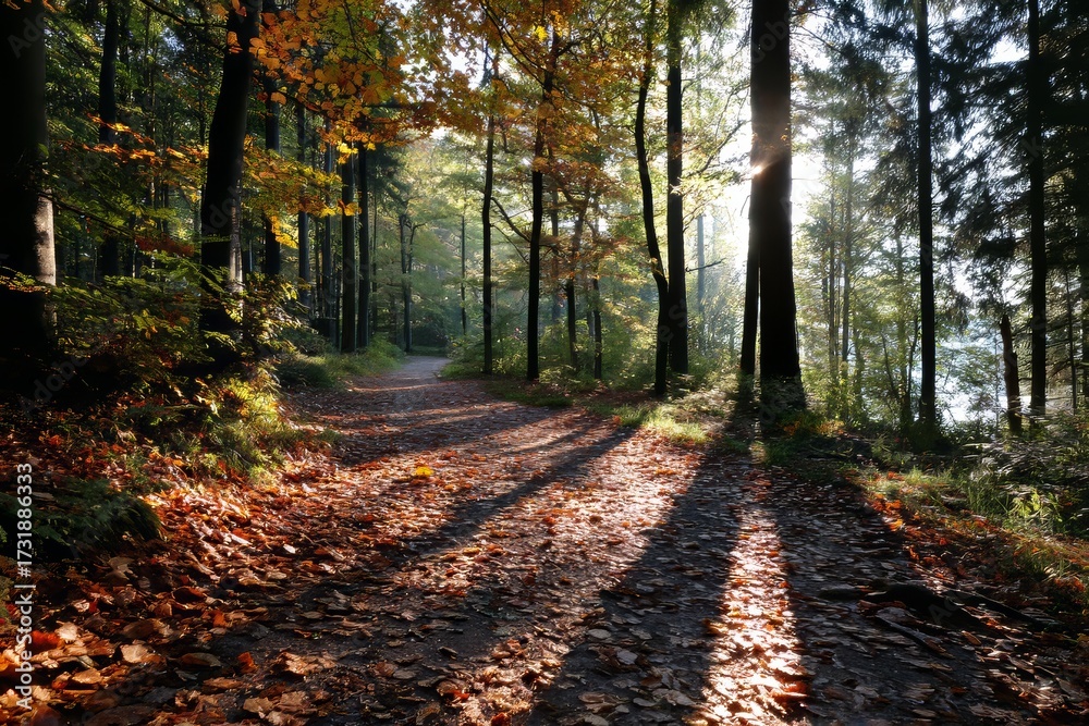 Obraz premium Forest path with sunlight filtering through autumn leaves