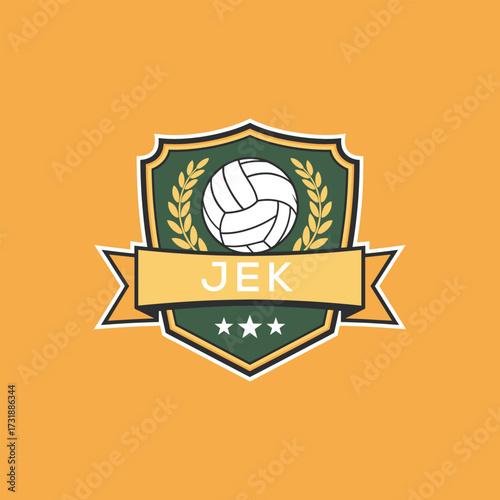JEK Volleyball Logo Design JEK Modern Sports Shield Emblem with Ball, Laurel and Ribbon for Volleyball Club, JEK Tournament and Team Branding
