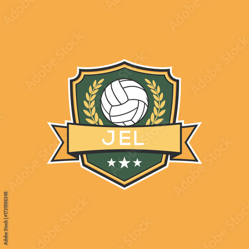 JEL Volleyball Logo Design JEL Modern Sports Shield Emblem with Ball, Laurel and Ribbon for Volleyball Club, JEL Tournament and Team Branding
