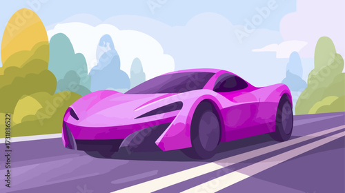 Pink sports car on road through landscape