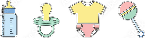 Baby items set, including a bottle, pacifier, onesie, and rattle, cute pastel colors for newborn baby
