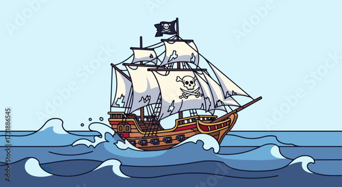 Pirate ship sailing on ocean waves