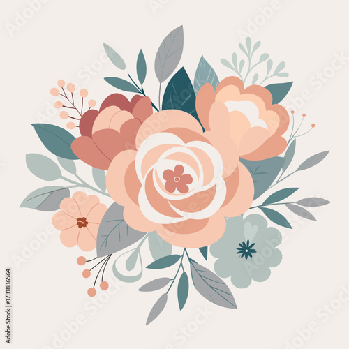 Elegant vector illustration of a floral bouquet, featuring a variety of colorful flowers arranged with green leaves.