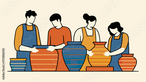 Pottery artisans working on clay pots