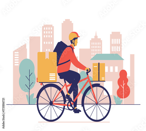 Flat vector design of bicycle courier delivering e-commerce package, bold colors, simple shapes, urban background