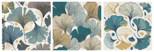 Ensemble de Fonds motif Feuilles et Feuillages de Ginkgo Mélange nature couleurs Bleu et Beige pâle Illustration Vecteur
