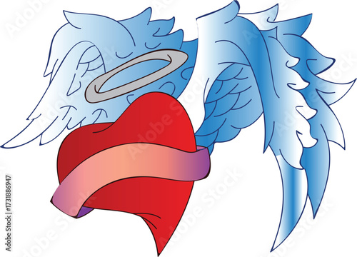 Vector illustration of angel wings with a red heart ribbon banner design and bird symbol