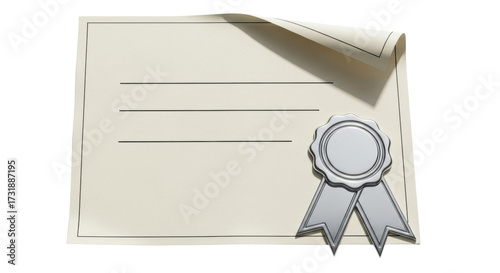 Konstfotografi Isolated tan certificate of completion with silver seal and curl, blank document