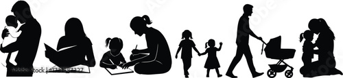 Silhouette of parents and children, depicting family, love, care, and various stages of childhood