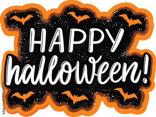 A cheerful Halloween sticker displaying "Happy Halloween" surrounded by spooky elements like ghosts and cobwebs.