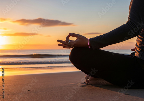 Person practicing meditation in lotus position. Glowing halo effect around smart ring and smart watch. Fusion of mindfulness and technology. Wellness, balance, and digital health journey.