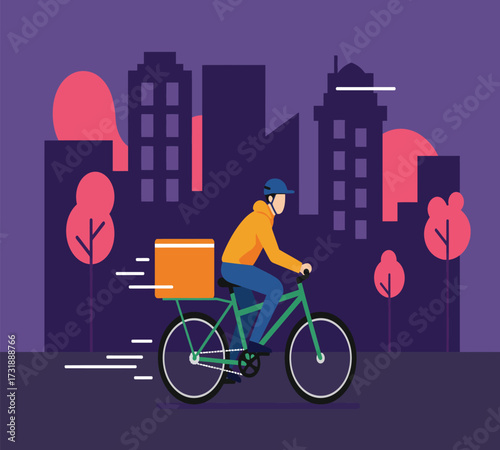 Flat vector design of bicycle courier delivering e-commerce package, bold colors, simple shapes, urban background