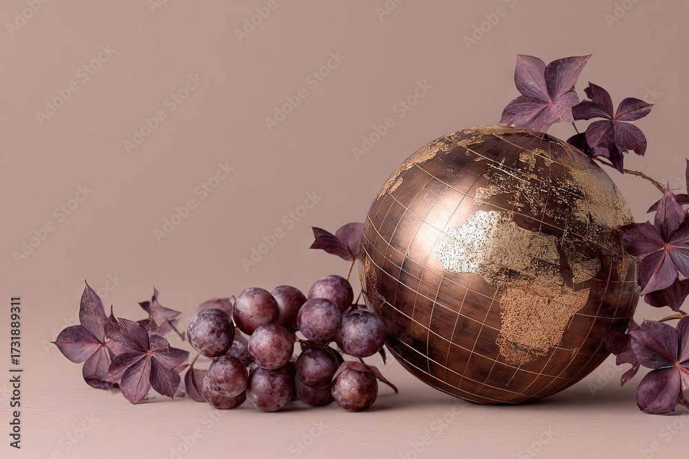 Obraz premium Elegant Bronze Globe with Red Grapes and Autumnal Vines - Space for Text