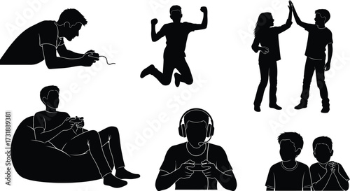 Silhouette of people playing video games and celebrating victory, a collection of gamers in various poses and expressions